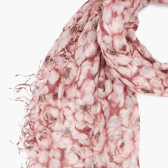 Chan Luu Tawny Port Floral Cashmere-Silk Scarf with Fringe - Picture 2 of 3